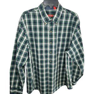Men's Izod Exclusive Style Blue Green White Plaid Shirt, Size Large, Long Sleeve